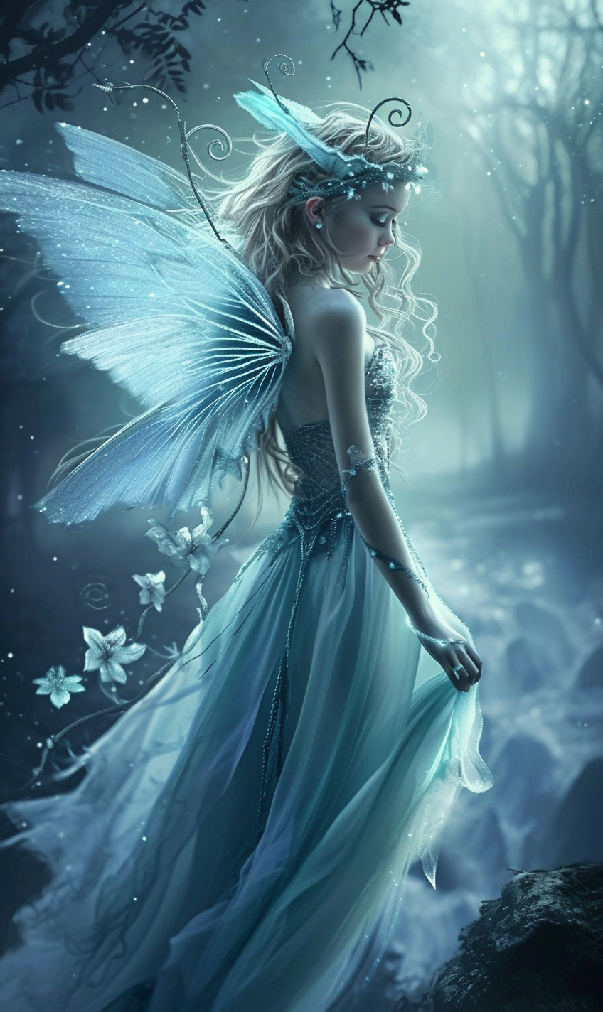 Fairy in blue dress with spiral decorations