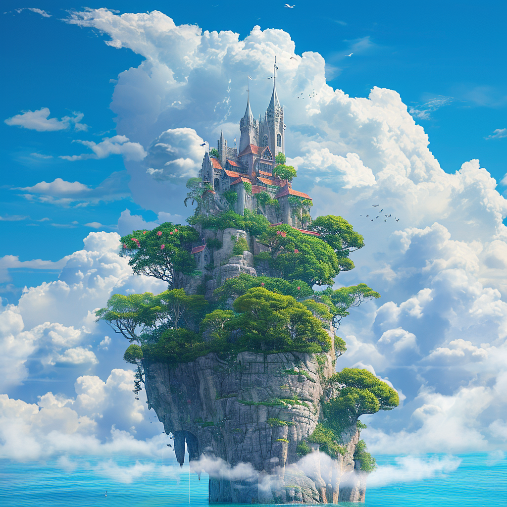 Fairy Tale Island with Sea, Clouds, and Details