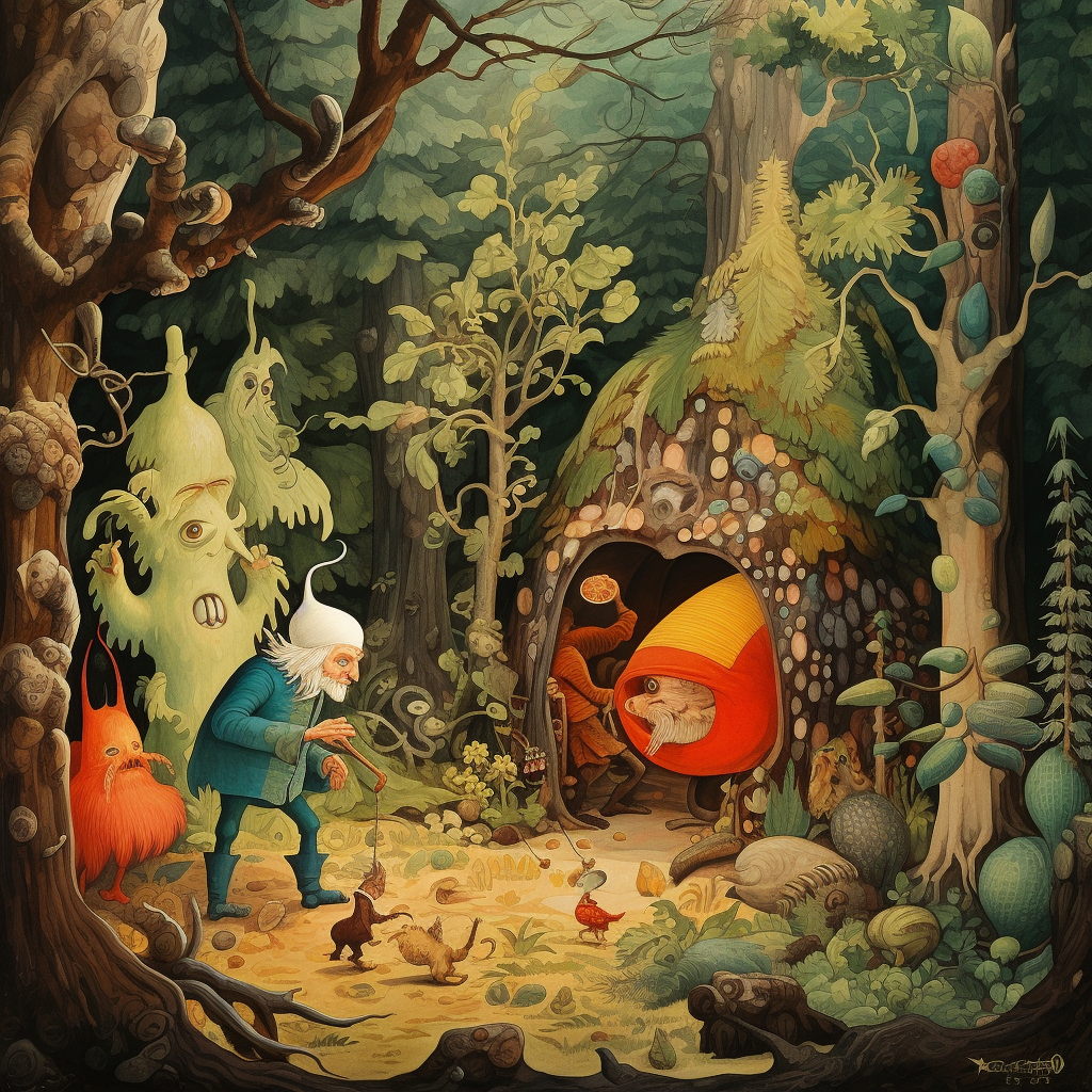 Colorful fairytale illustration with characters in the woods