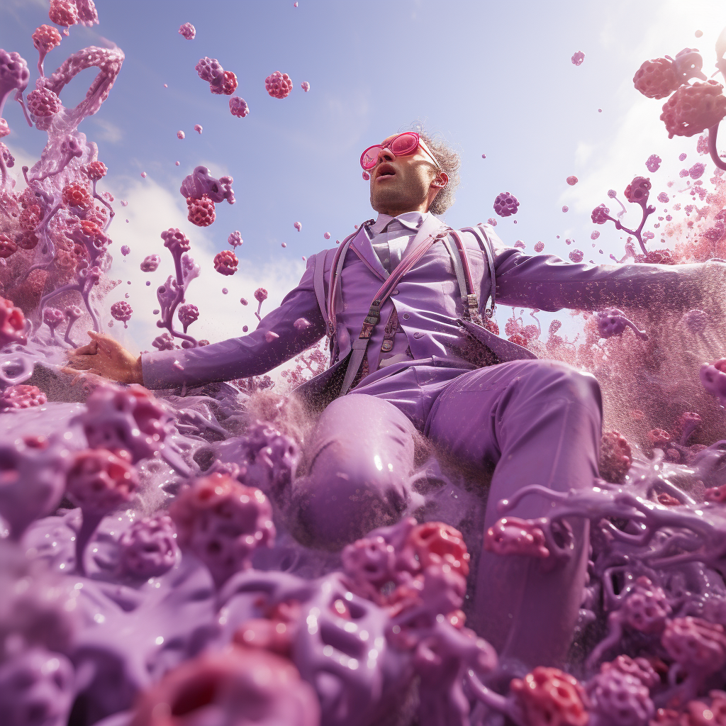 Man falling in surreal purple landscape