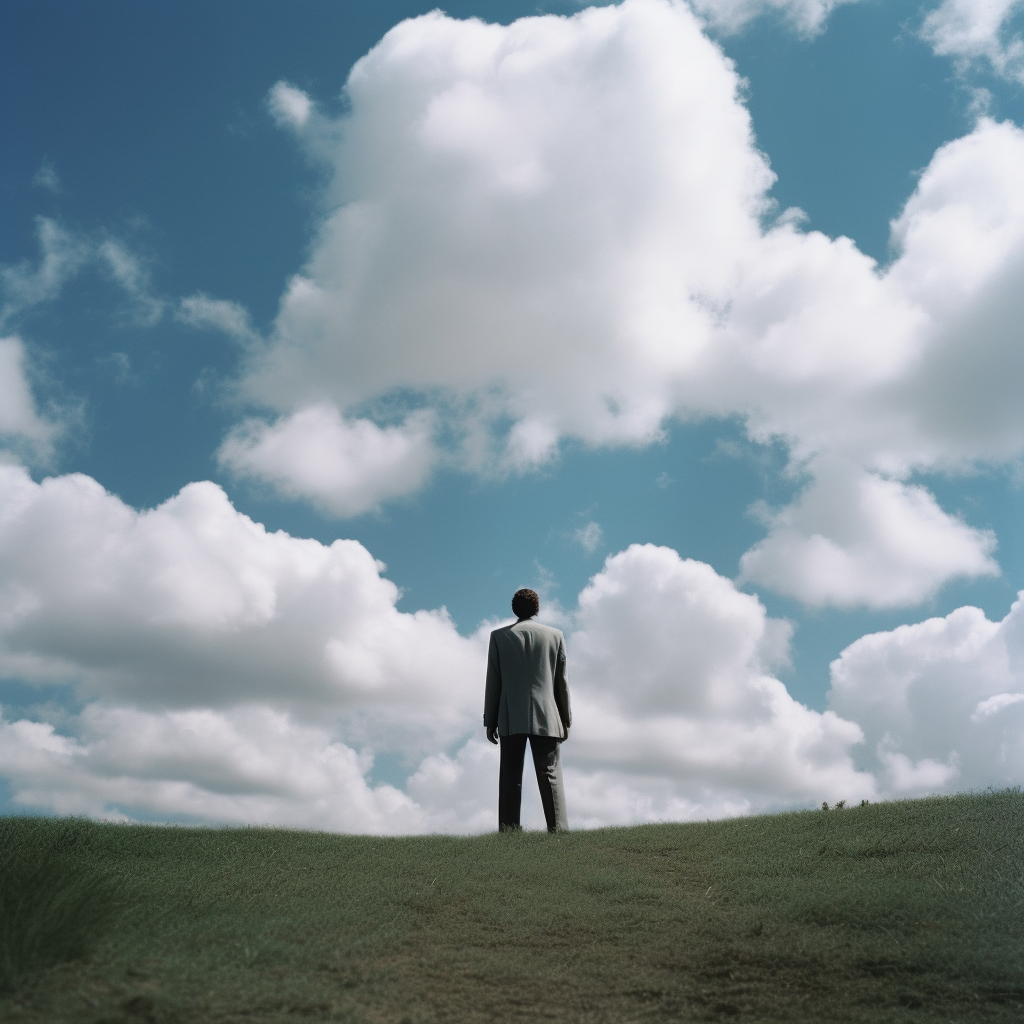 Man in suit falling through blue sky