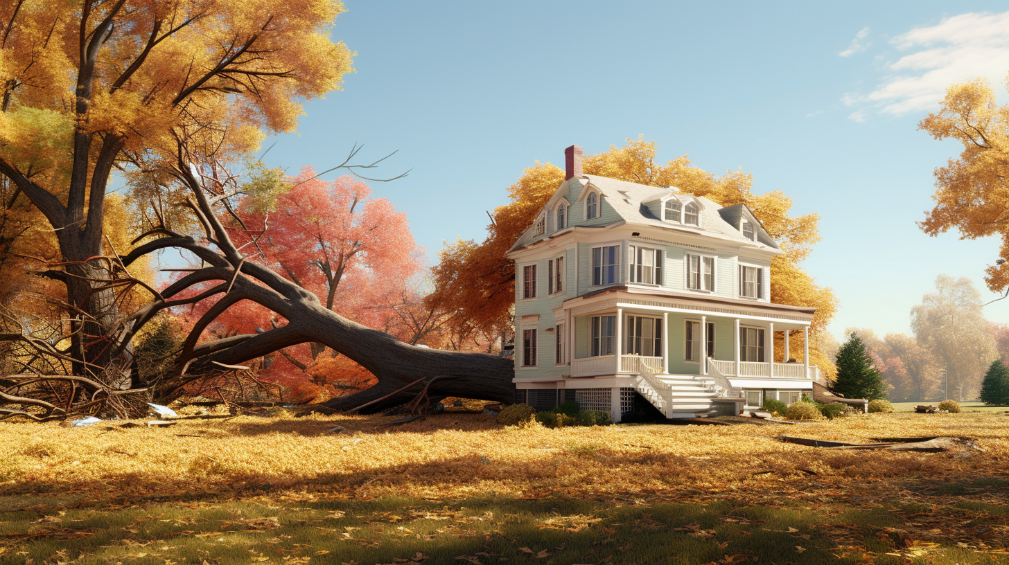 Tall tree falling towards house