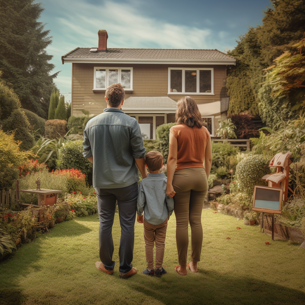 Family standing near for sale sign