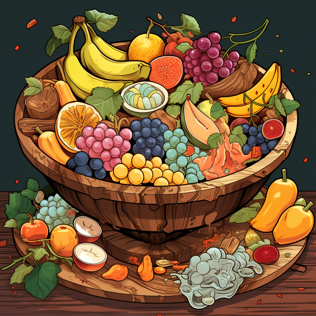 Exotic fruits in wooden bowl illustration