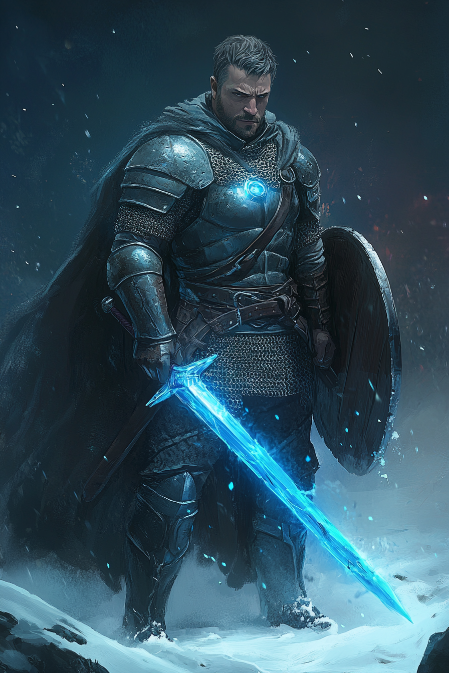 Fantasy warrior holding glowing sword