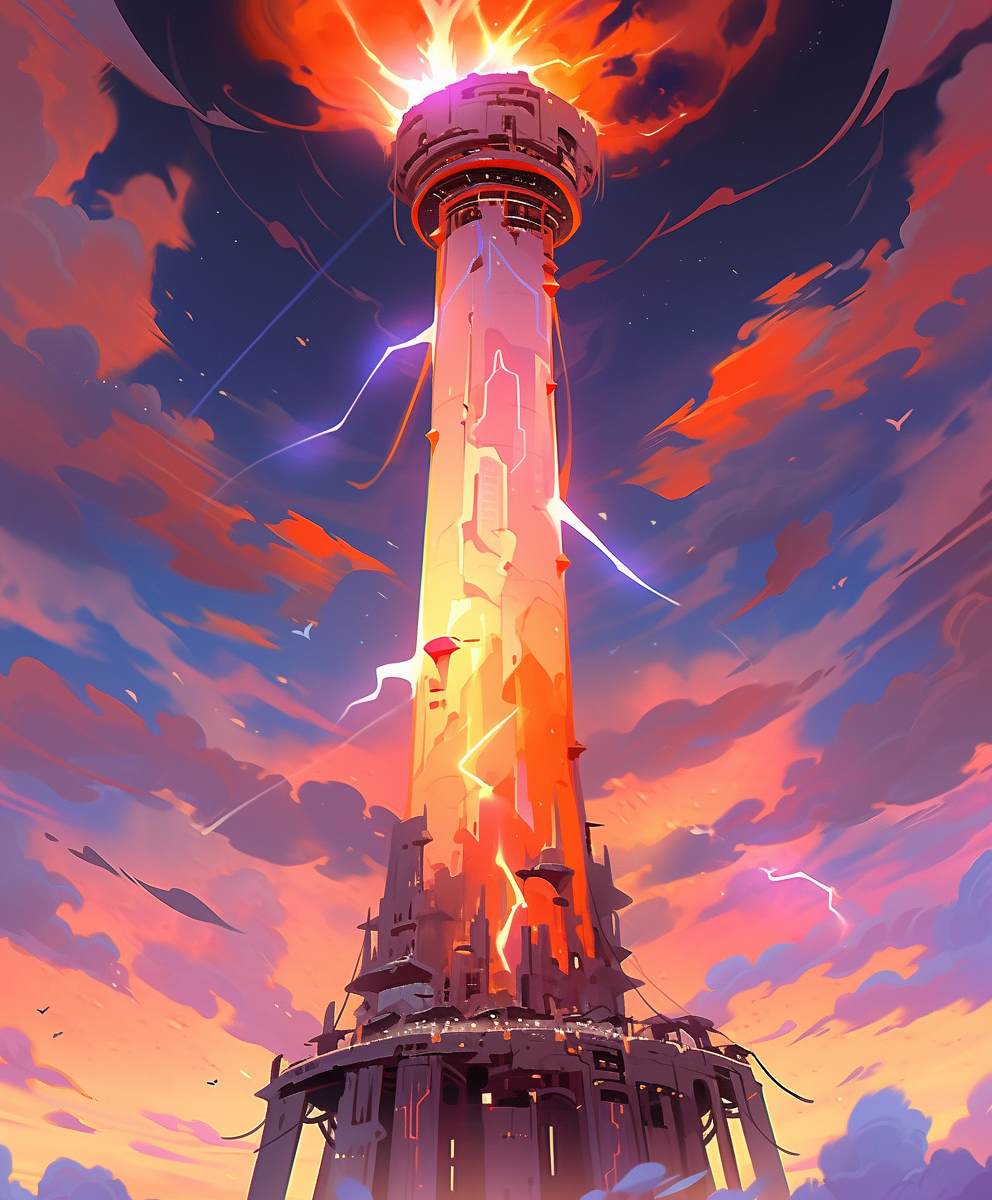 Fantasy Tesla Tower in Orange Lightning