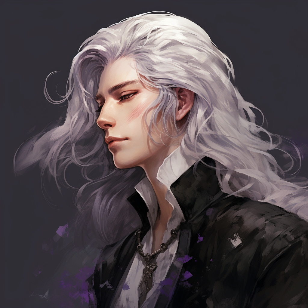 Androgynous man with long white hair in profile