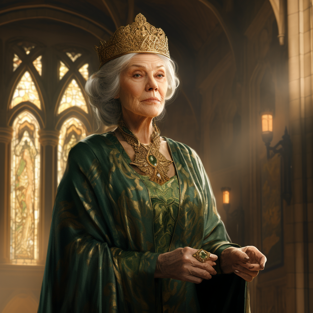 Elderly woman in gold hat and green dress