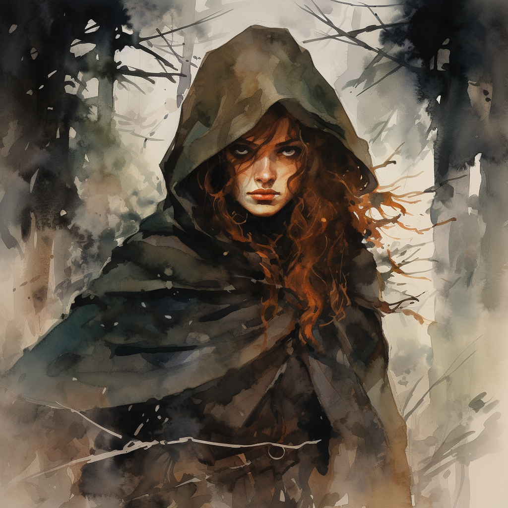 Evil female archer in dark forest