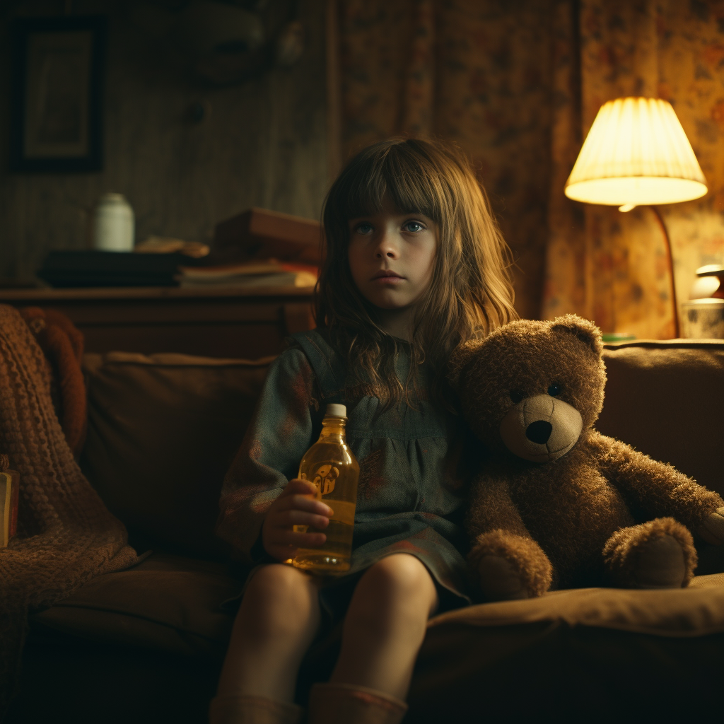 Small girl with teddy bear and cocktail glass