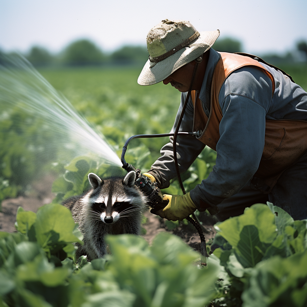 Farmer spraying pesticides at baby raccoon