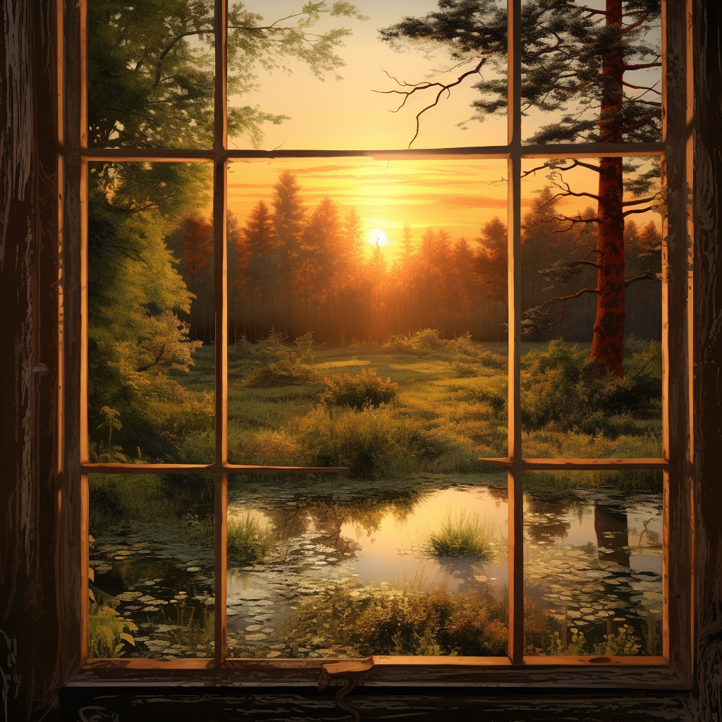 Old farmhouse window with forest view and sunset reflection