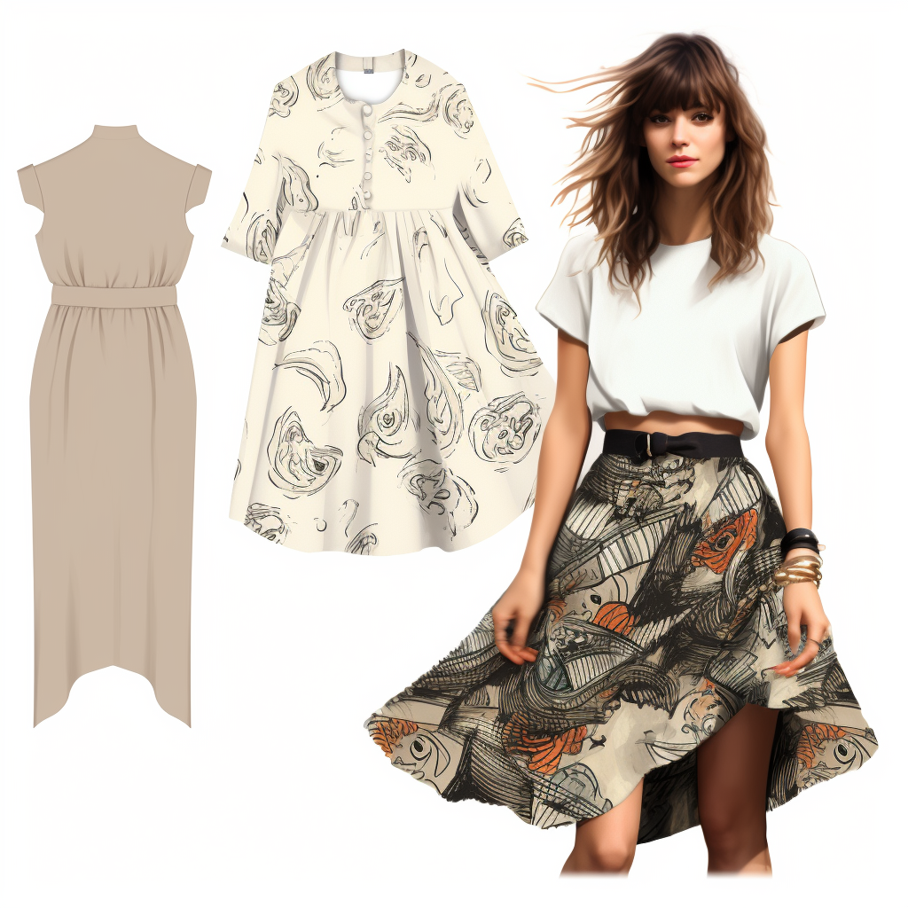 Fashionable woman in skirt with floral and abstract prints