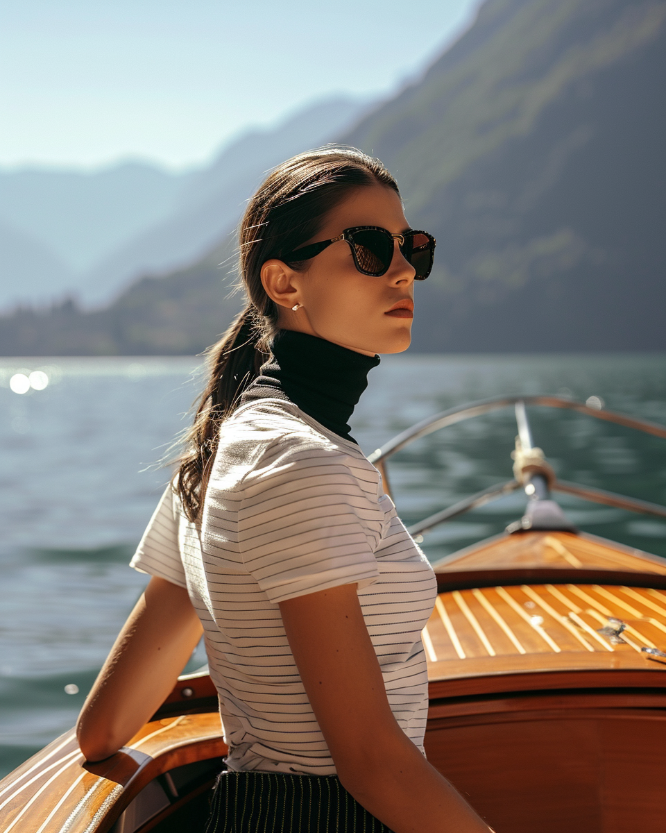 Stylish woman on boat in Lake Como