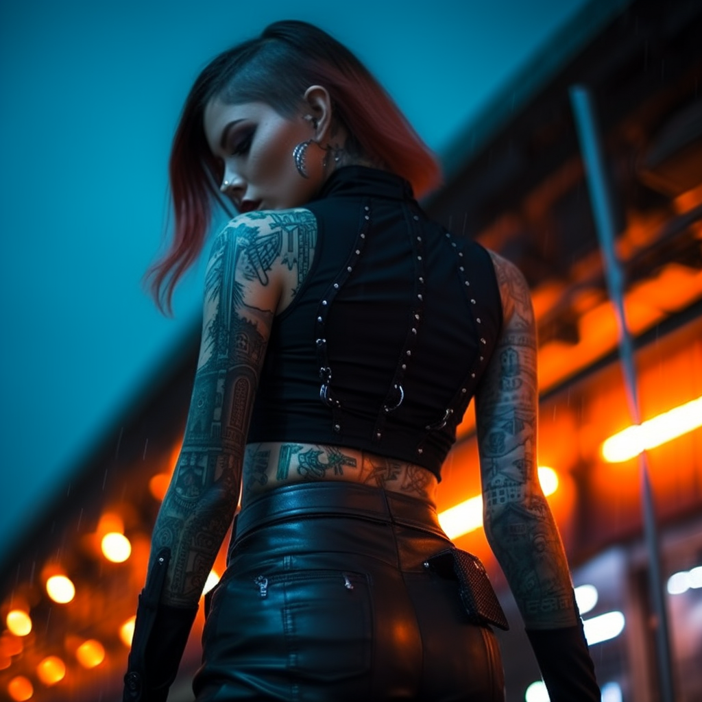 Stylish fashion with tattoos in cyberpunk aesthetic