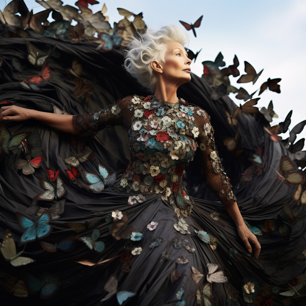 Fashion editorial of a stunning 60-year-old woman dancing