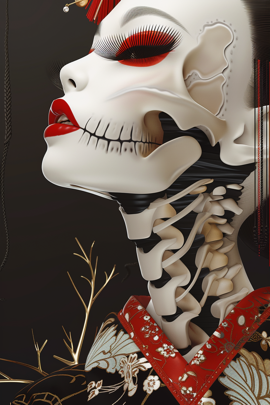 Fashionable Geisha with Skull - Cartoon Style