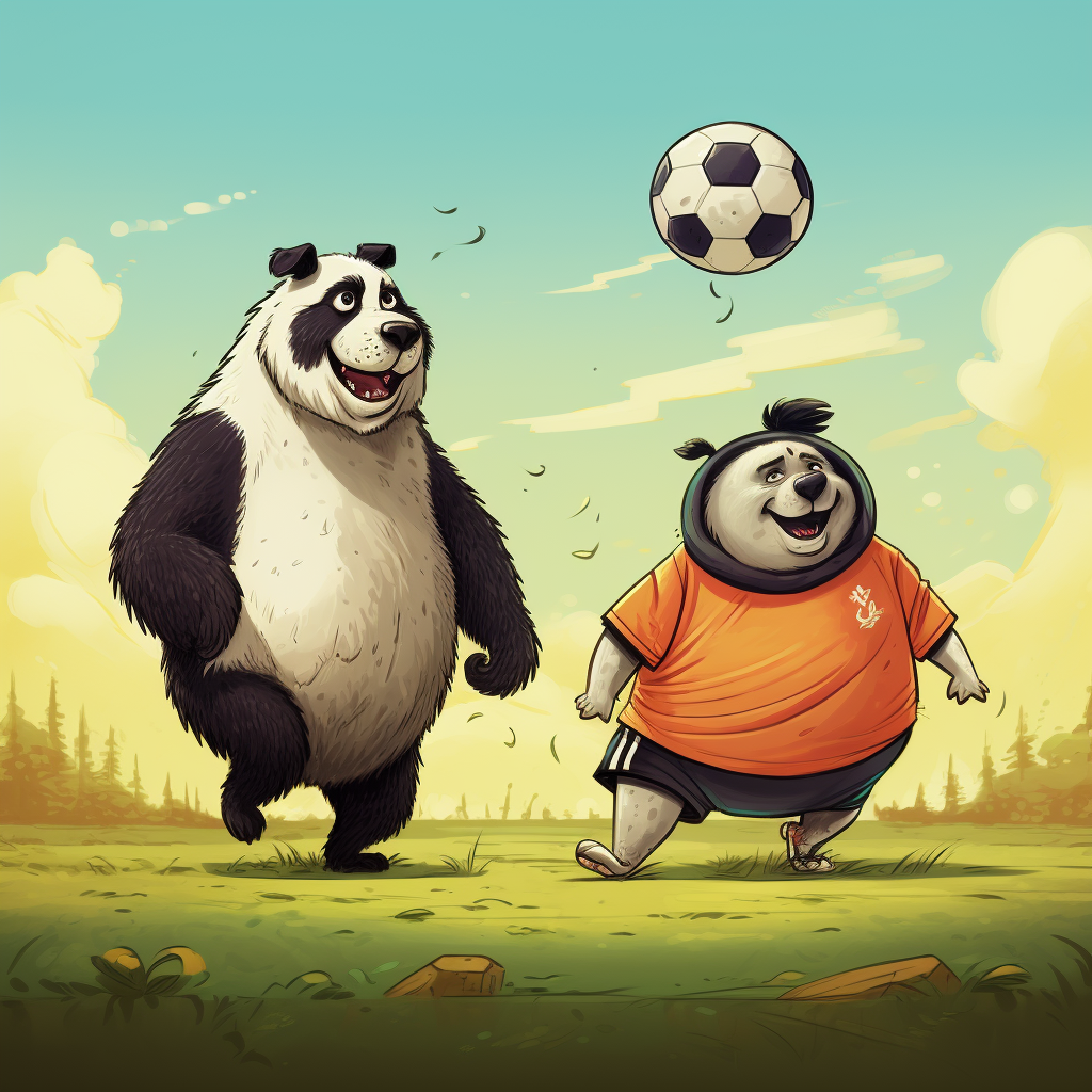 Fat panda and skinny dog playing soccer