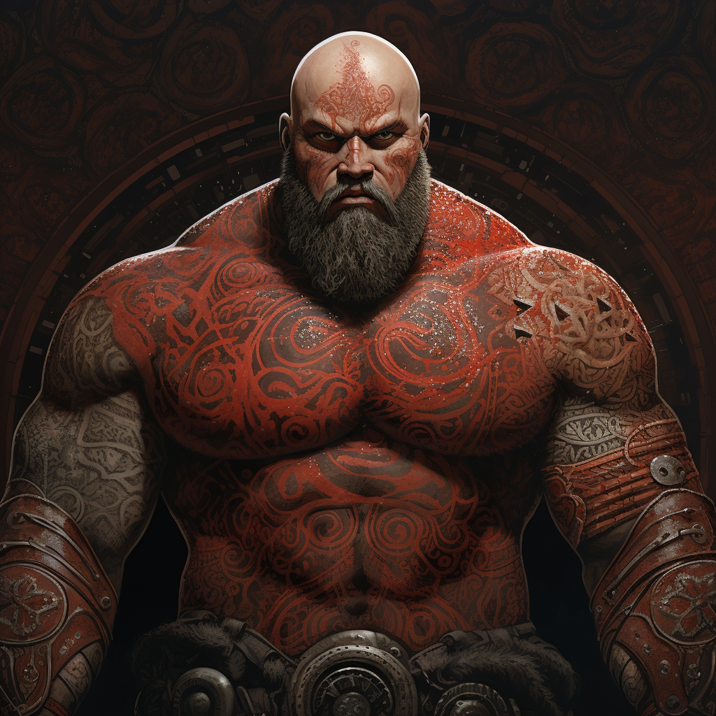 Fat Bald Red Giant with Beard, Piercings, Tribal Tattoos