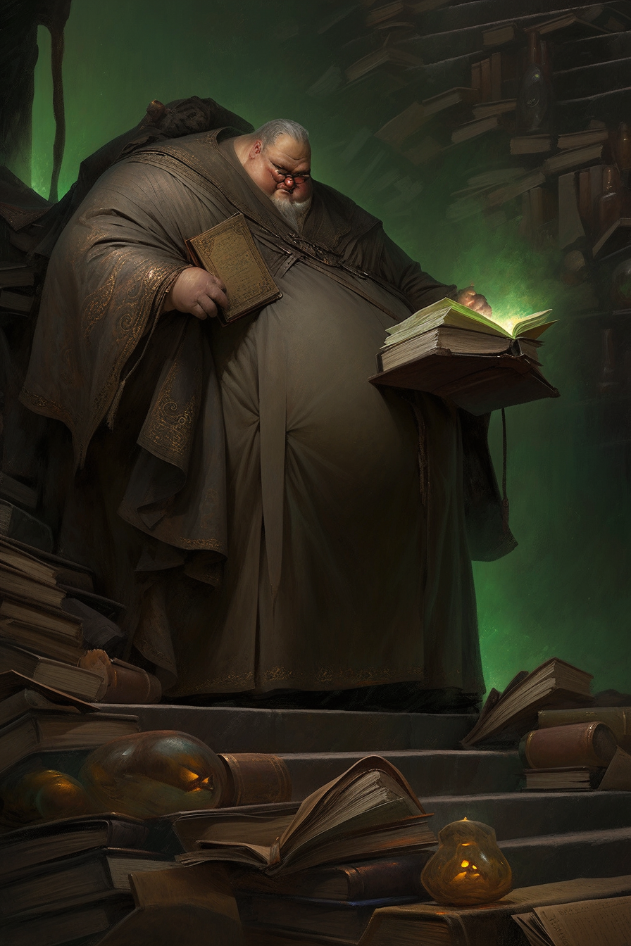 Fat wizard reading old books