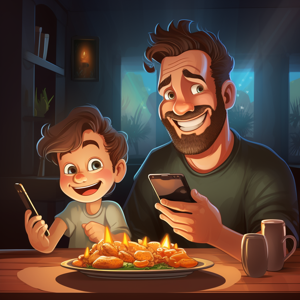 Cartoon father watching movie on phone at dinner