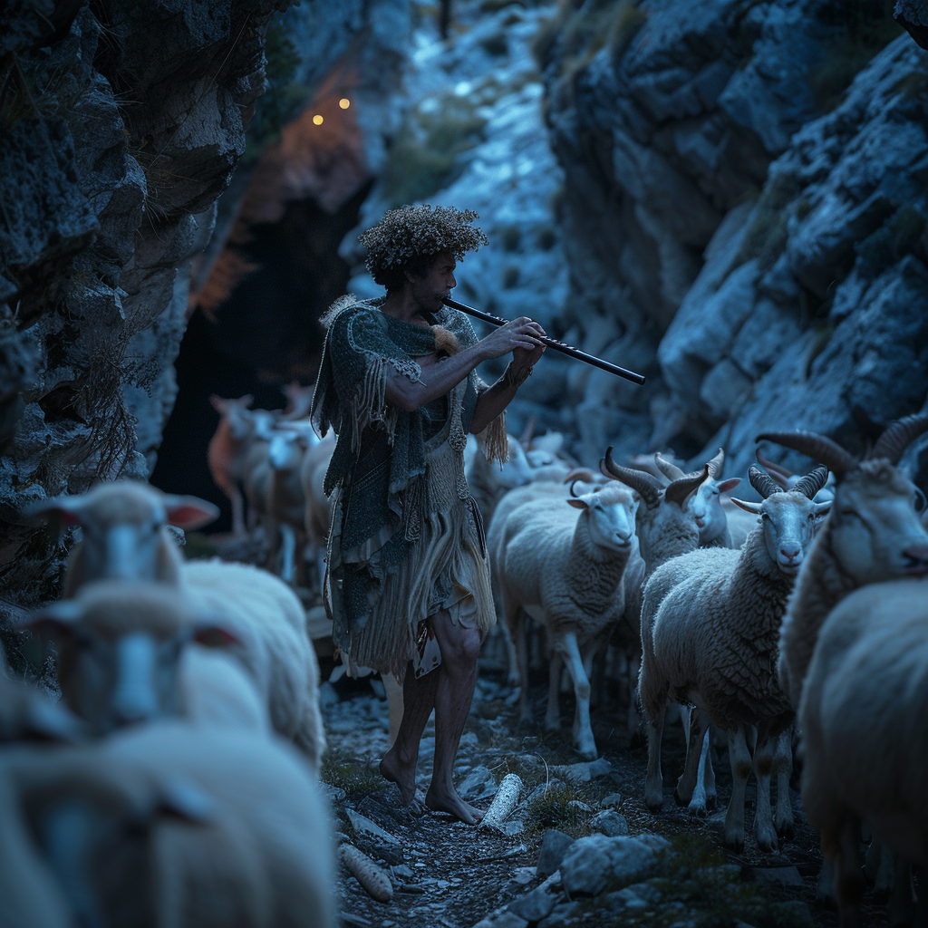 Faun playing flute with sheep