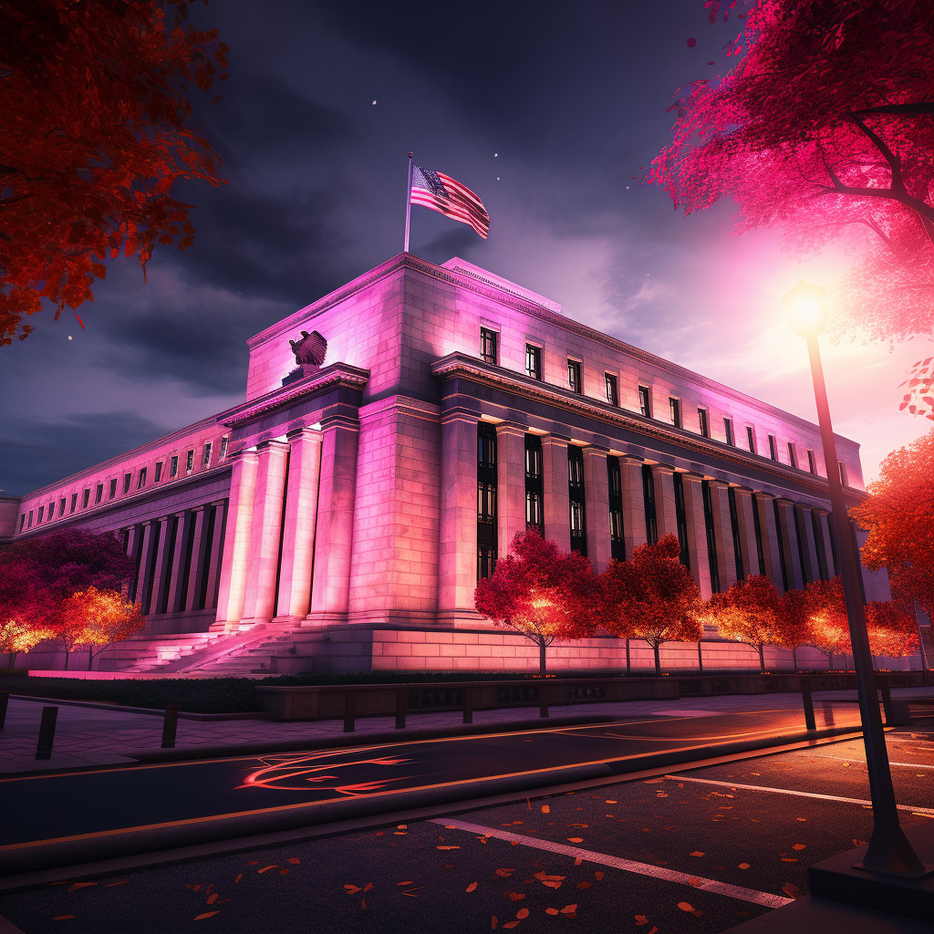 Futuristic Federal Reserve building in bright colors