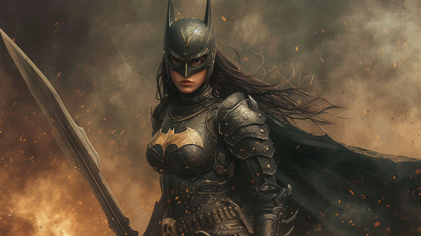 Female Batman in Armor with Long Sword on Battlefield