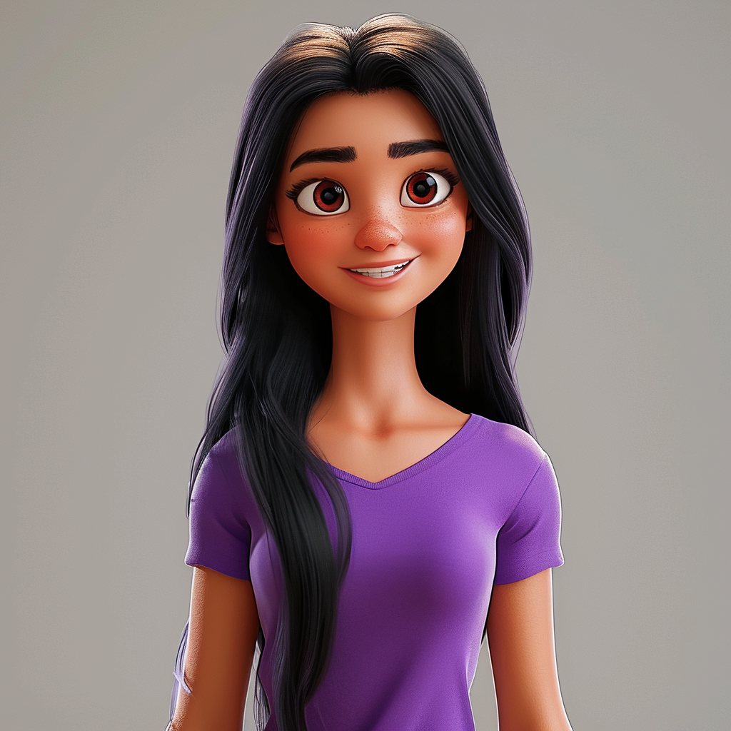 Happy female character with long black hair in cartoon style