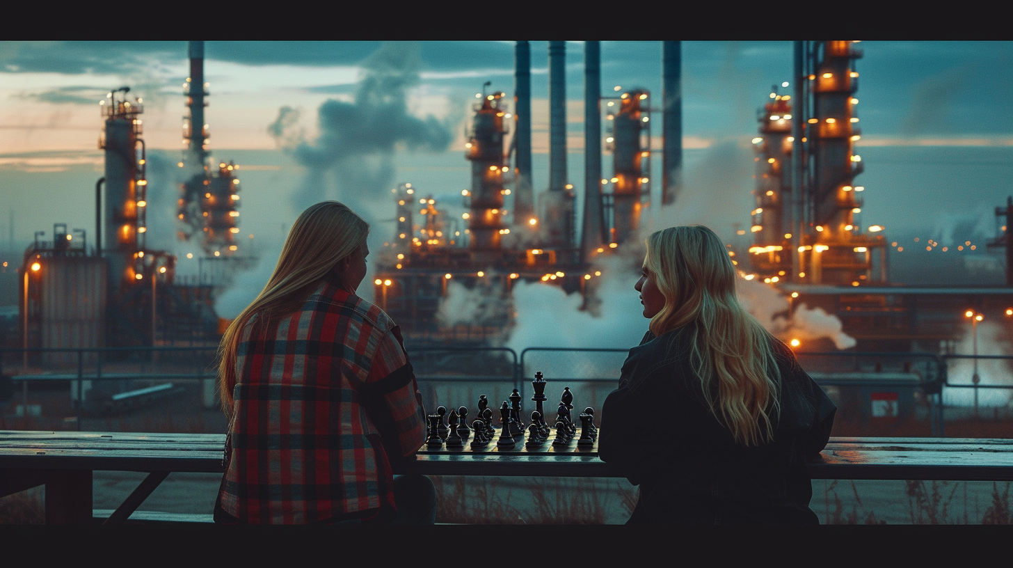 Female computer hackers playing chess at petrochemical facility