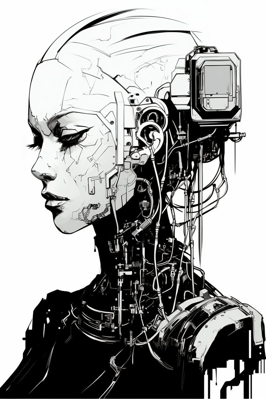 Minimalist sketch of female cyberpunk with robot