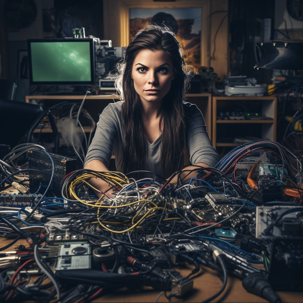 Female engineer building machine with motor and cables