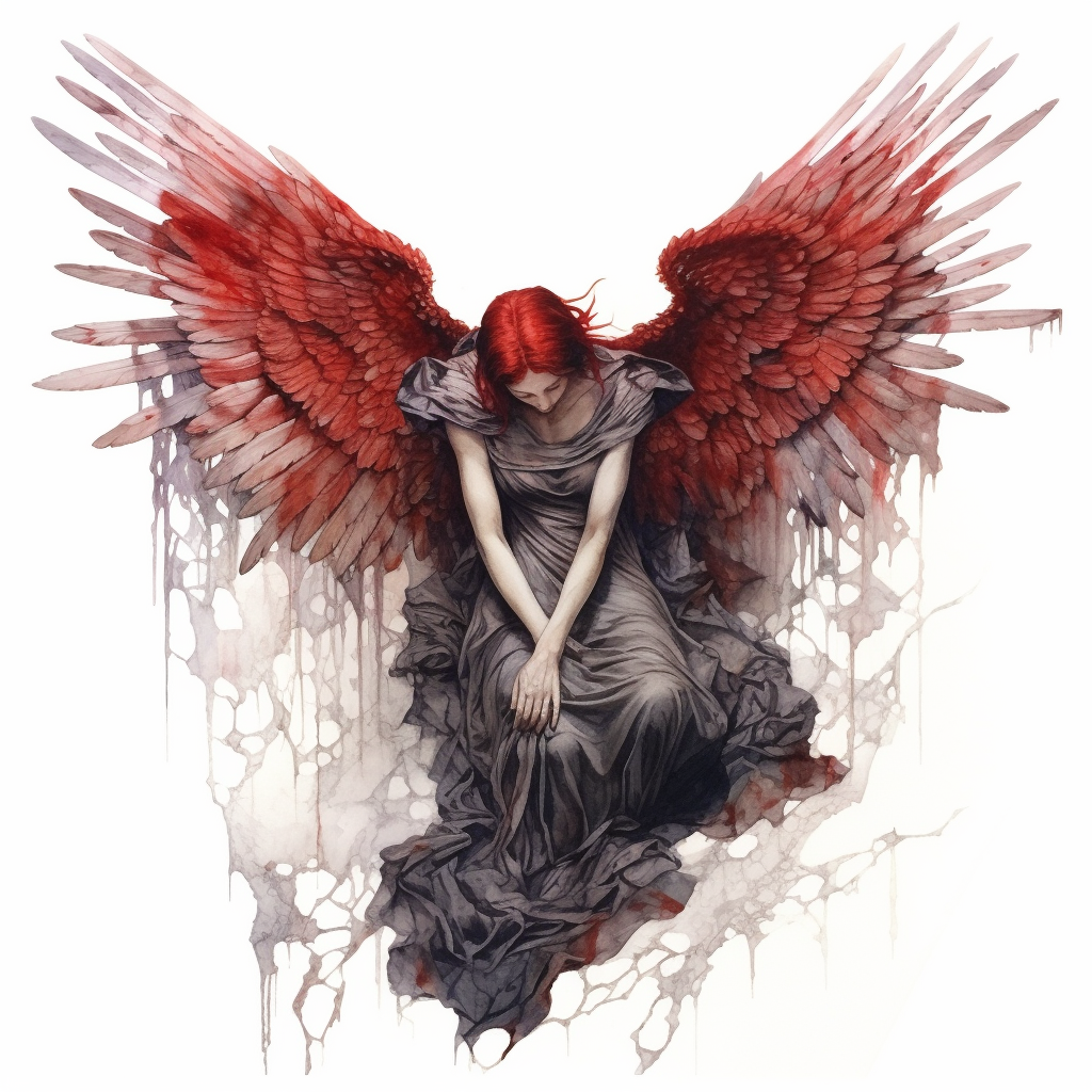 Watercolor of Female Fallen Angel with Red Wings