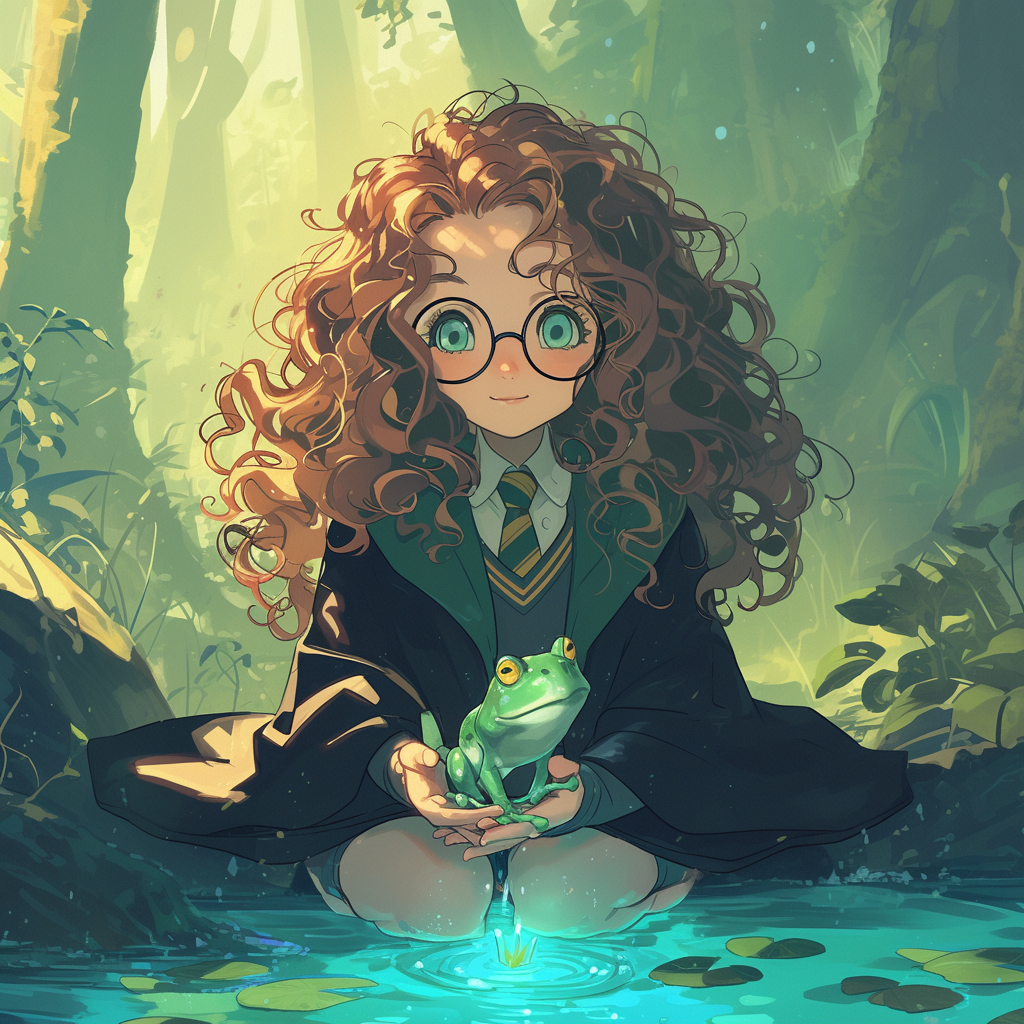 Female Harry Potter conjuring cute frog in forest lake