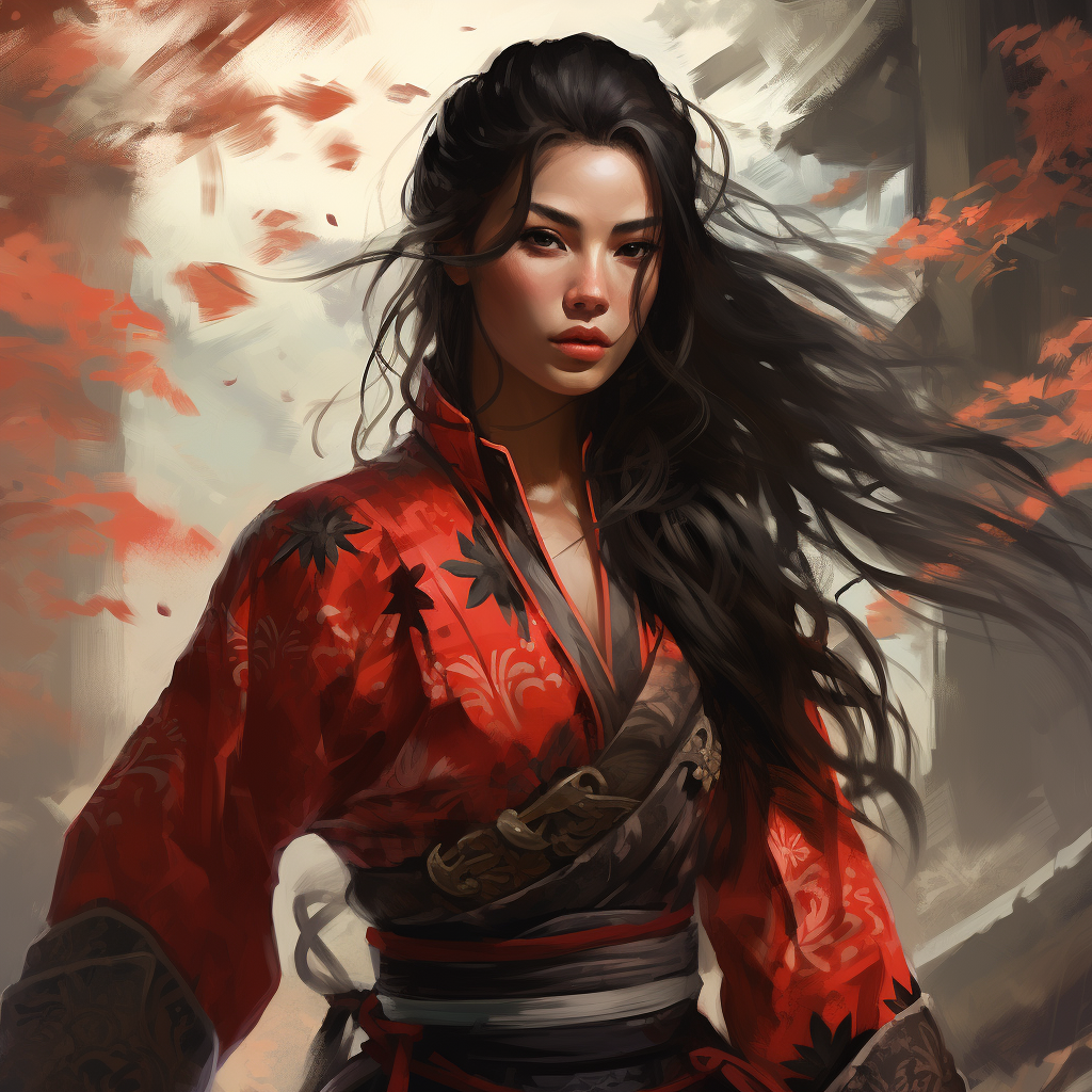 Female samurai with a small black mask and red kimono