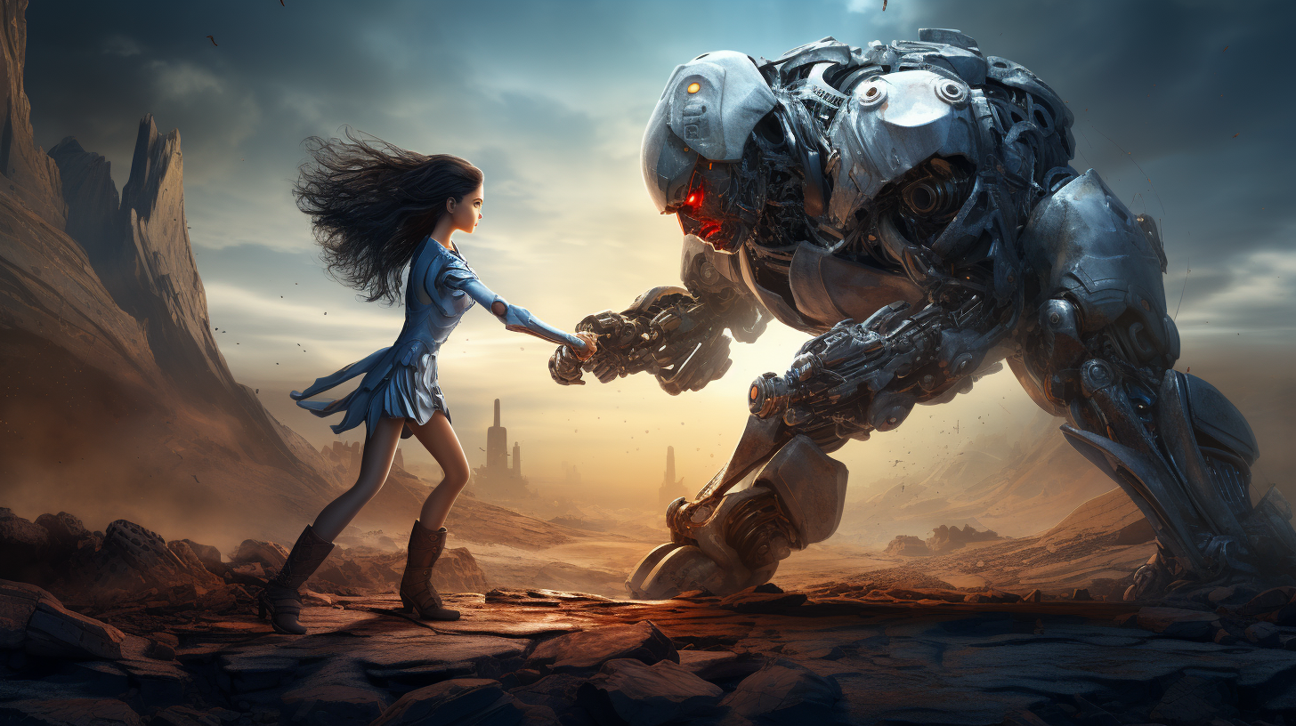 Female Superhero Fighting Evil Robot on Moon