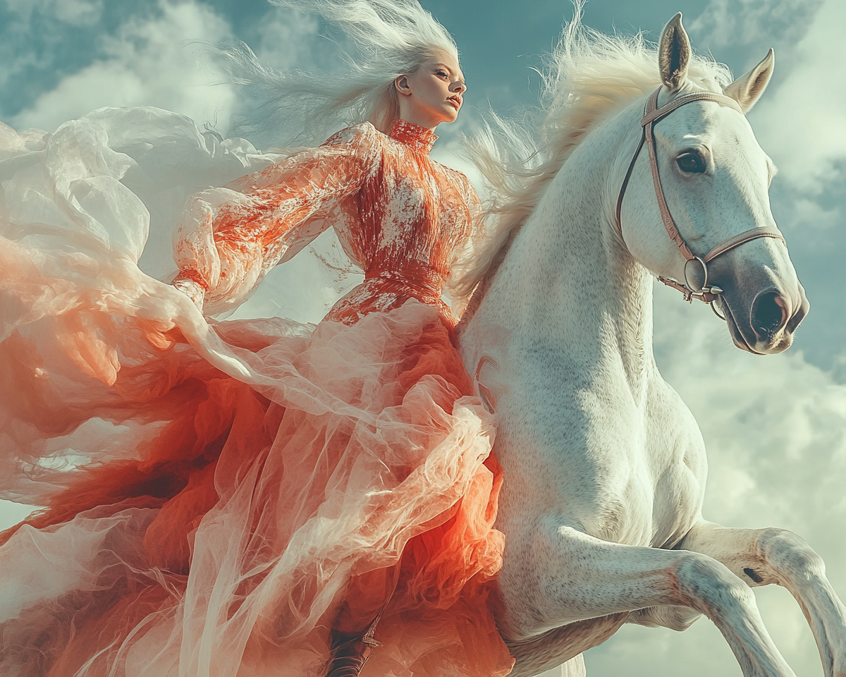 Female superhero balancing on white horse