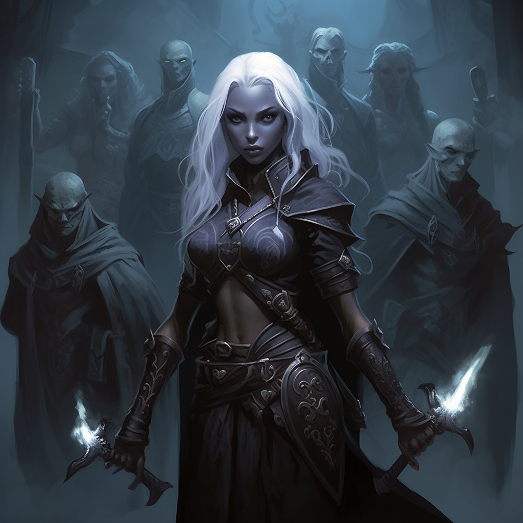 Powerful female wizard with her loyal drow fighters