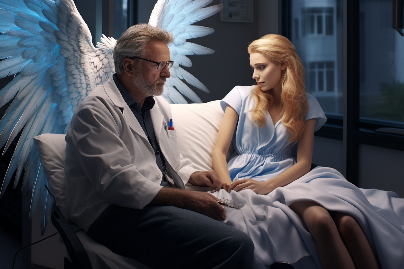 Female angel comforting a hospitalized man