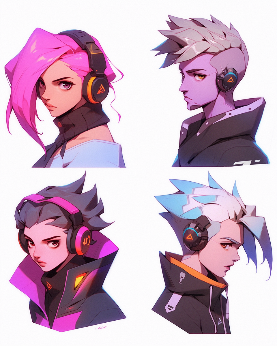 Four female emotes of Aurora in cyberpunk style