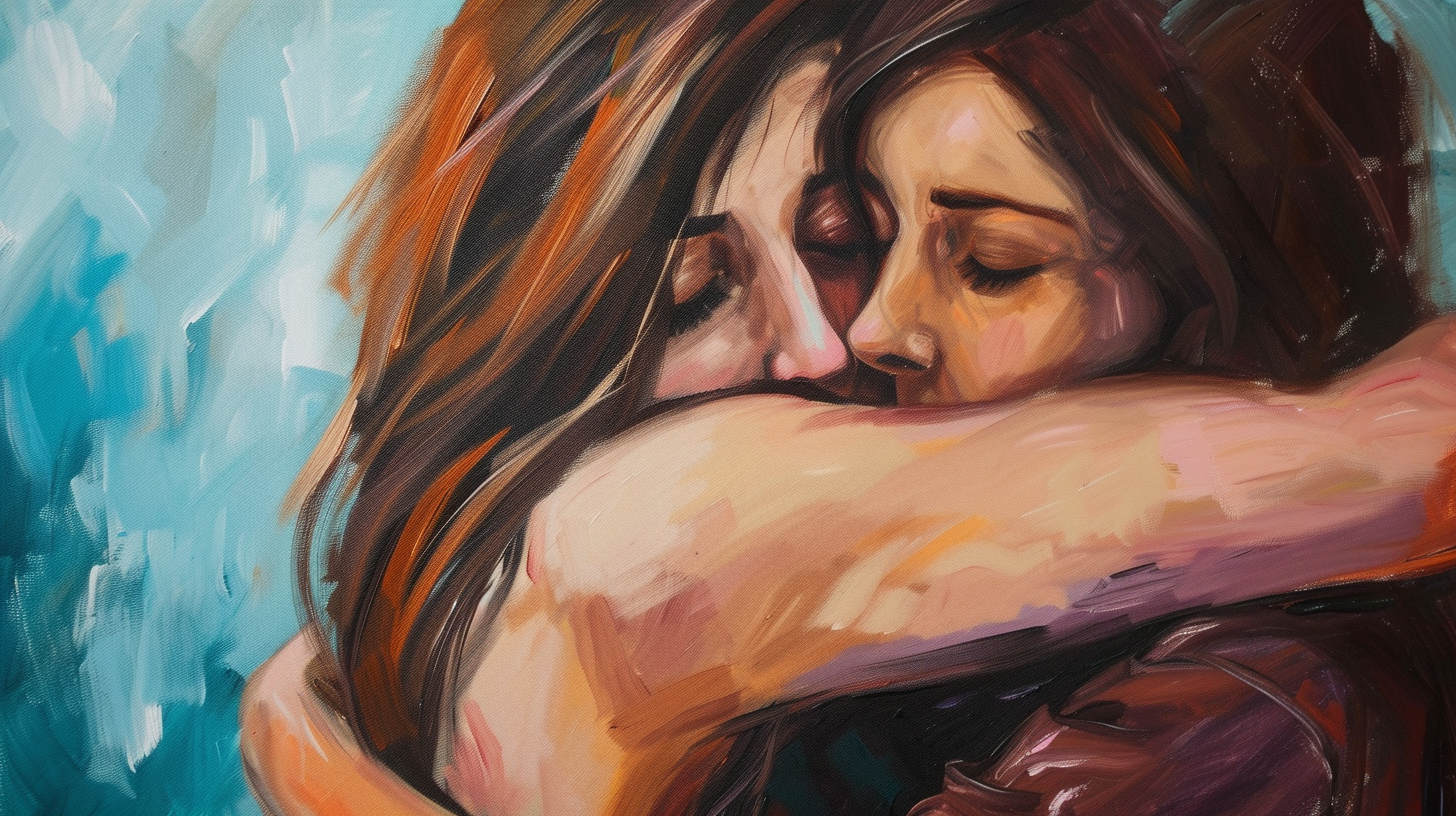 Female friends hugging in oil painting