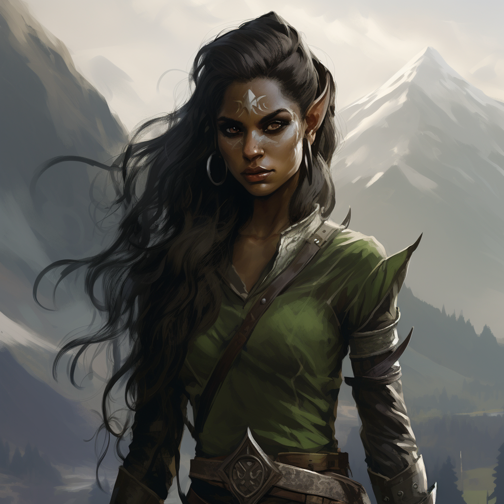 Dark-skinned female goblin with viking hairstyle in Indian-viking clothes