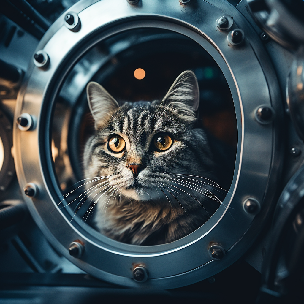 A gray cat in a spaceship shelter