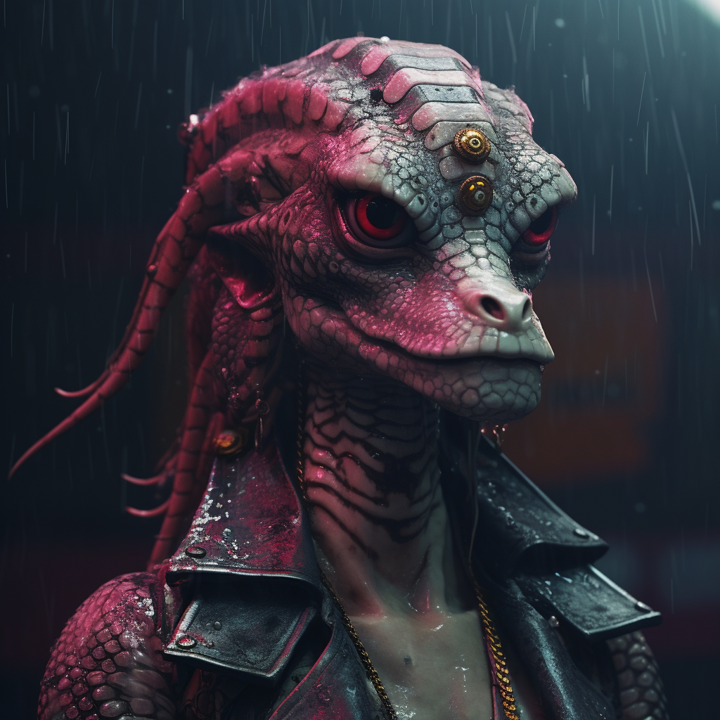 Feminine snake head in gritty cyberpunk rain