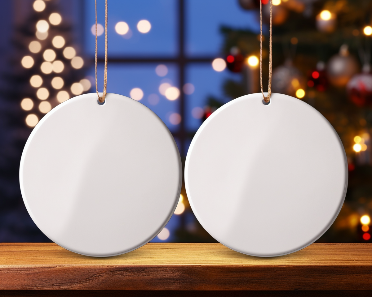 Two White Circle Ceramic Christmas Ornaments Mockup