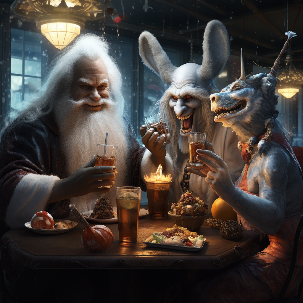 Santa, bunny, fairy, and king having lunch