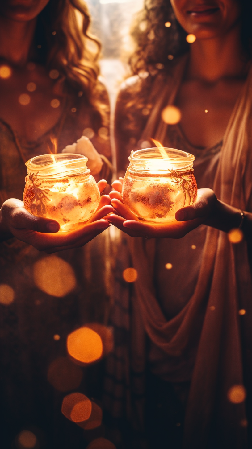 Traditional festivity candles illuminating hands