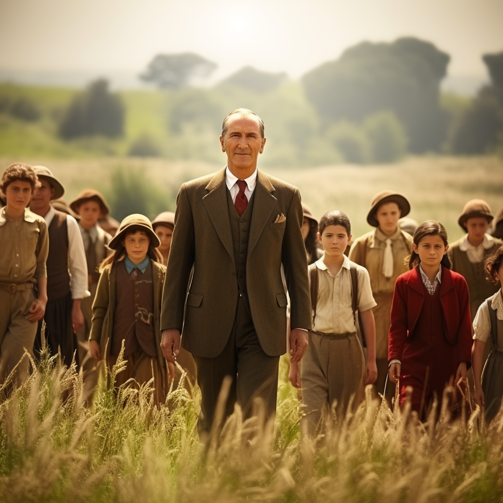 Group walking in field with Atatürk