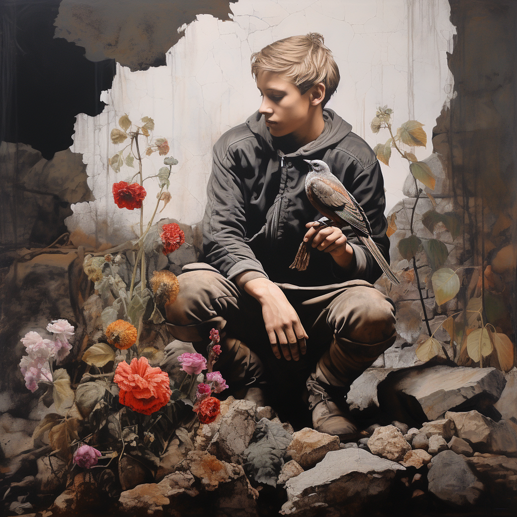 Hyperrealistic figure painting with stone and flowers