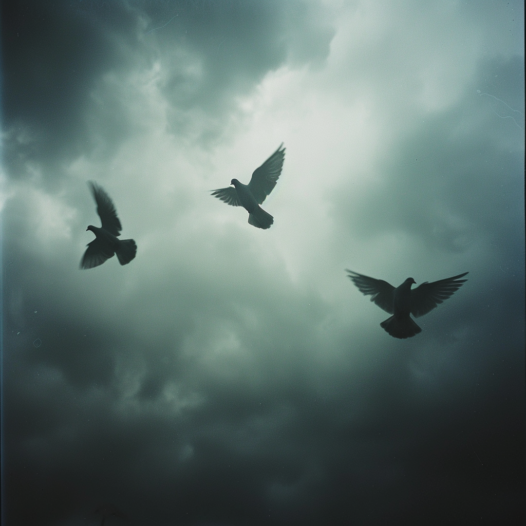 Moody stormy sky with flying doves